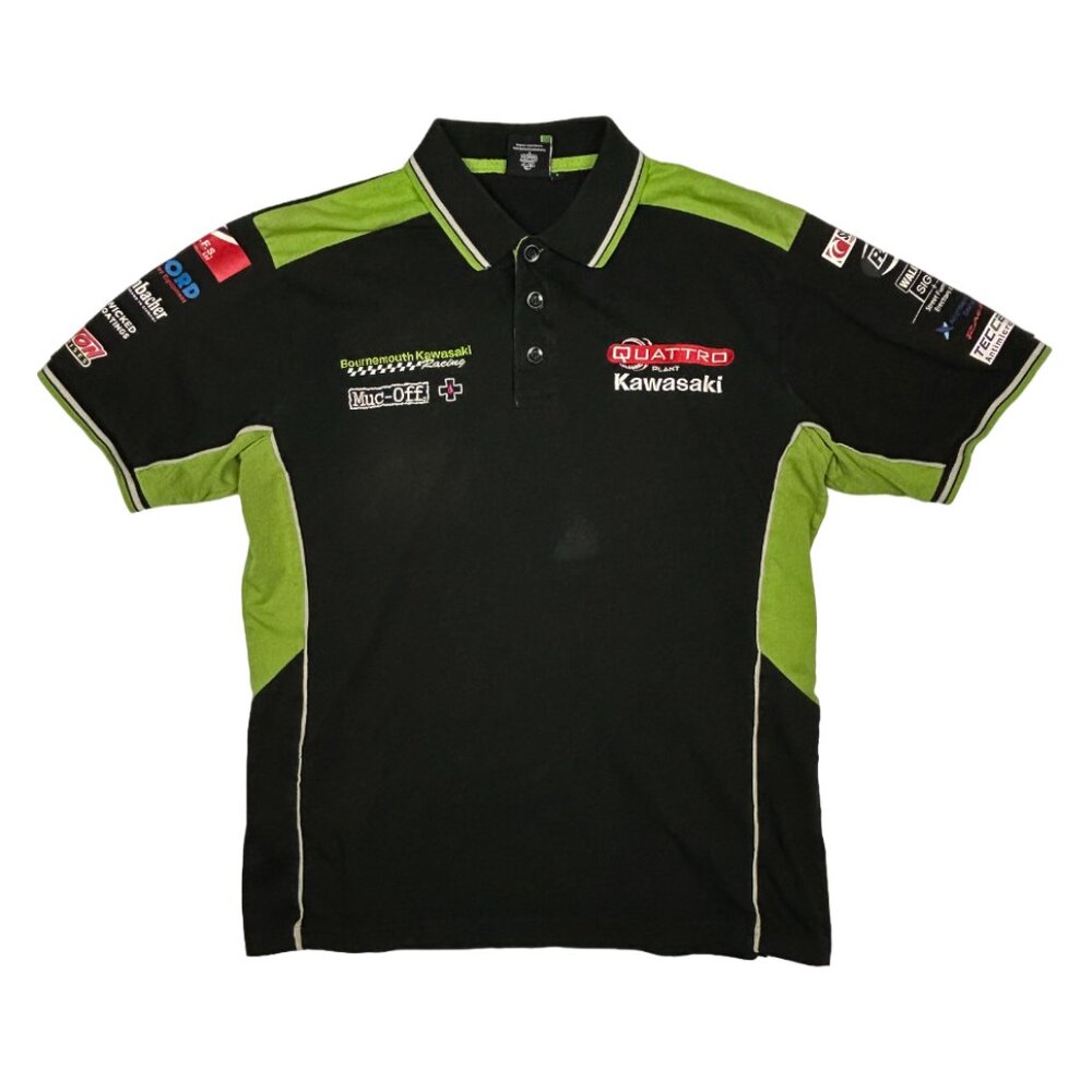 Kawasaki Quattro Plant Official Polo Shirt Men L Racing Motorcycle Black Green
